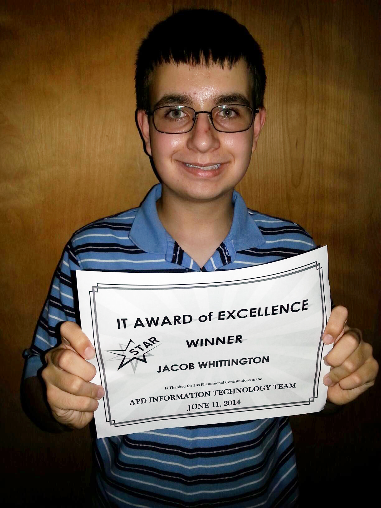 APD Intern Jacob Whittington was presented with the IT Award for Excellence.