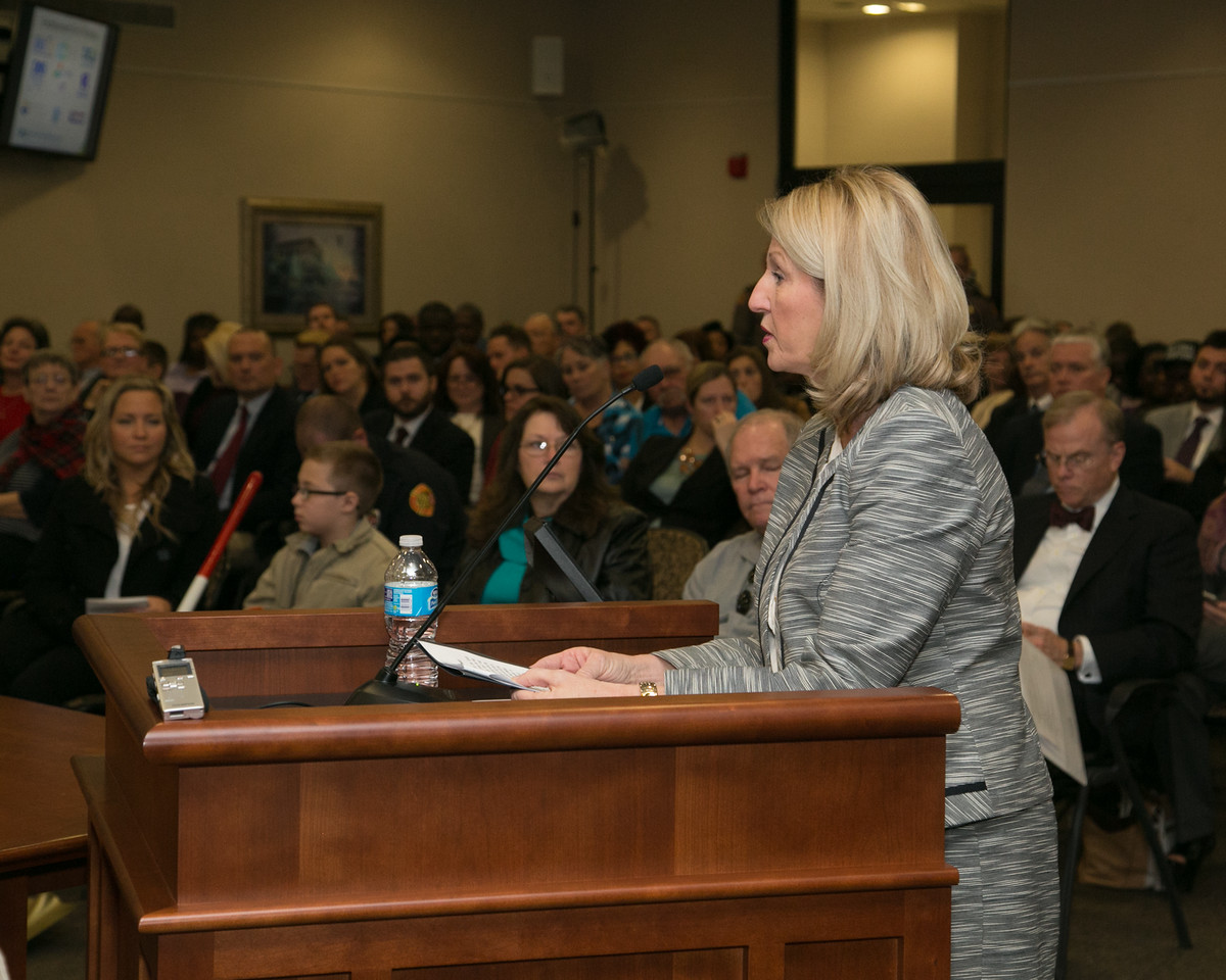 Commissioner of Education Pam Stewart speaks at the meeting.